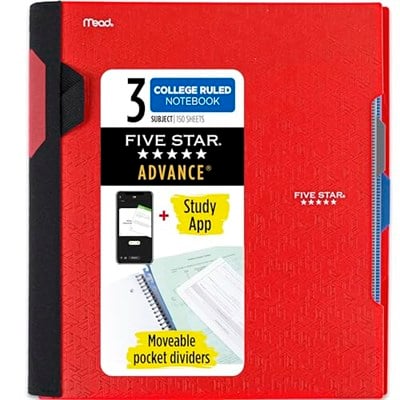 Five Star Spiral Defter + Çalışma Uygulaması, 3 Konu, Kolej Çizgili Kağıt, Spiral Korumalı İleri Defter, Hareketli Sekmeli Bölücüler ve Genişleyen Cepler, 8-1/2 
