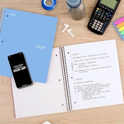 Five Star Spiral Defter + Çalışma Uygulaması, 5 Konu, Kolej Çizgili Kağıt, Mücadele Mürekkep Kanaması, Suya Dayanıklı Kapak, 200 Yaprak, Mavi (73635)