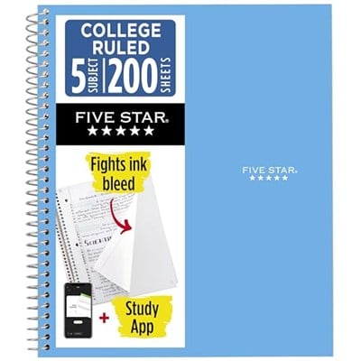 Five Star Spiral Defter + Çalışma Uygulaması, 5 Konu, Kolej Çizgili Kağıt, Mücadele Mürekkep Kanaması, Suya Dayanıklı Kapak, 200 Yaprak, Mavi (73635)