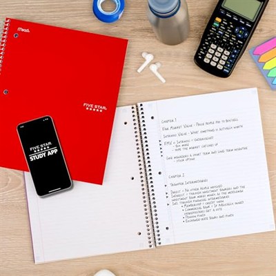 Five Star Spiral Defter + Çalışma Uygulaması, 5 Konu, Kolej Çizgili Kağıt, Mürekkep Kanamasıyla Mücadele, Suya Dayanıklı Kapak, 200 Yaprak, Kırmızı (72077)