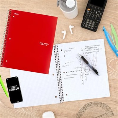 Five Star Spiral Defter + Çalışma Uygulaması, 6lı Paket, 1 Konu, Grafik Çizgili Kağıt, 21.6 x 27.9 cm, 100 Yaprak, Mürekkep Geçirmez, Suya Dayanıklı Kapak, Karışık Renkler (73549)