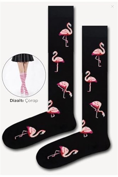 Flamingo Desenli Siyah Dizaltı Çorap Siyah 36-44