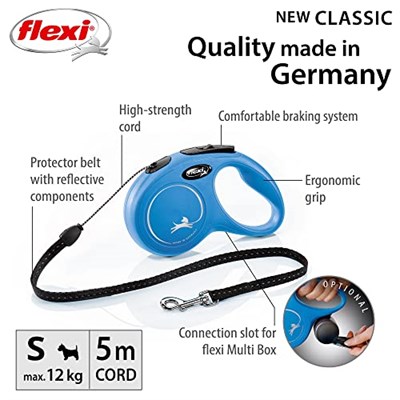 Flexi New Classic S Beden Mavi 5MT İpli Tasma - Seçenekler: Extra Small (3 m), Extra Small (3 m) (2 Pack), Small (5 m)...