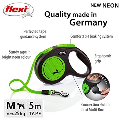 Flexi New Neon M Beden Yeşil 5MT Şerit Tasma - Seçenekler: Medium, 5 m (S), M