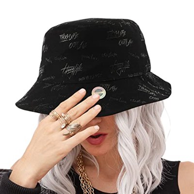 Flipper Thuglife Logo Baskılı Ters Çevrilebilir Pamuk Sun Boonie Kova Şapka Erkek Kadın Üniseks Kpop Kore Tarzı (Tamamen Siyah, L~XL (23