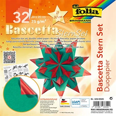 folia 325/2020 - El işi seti Bascetta Yıldız Duo yüksek kırmızı/yeşil, 32 yaprak, 20 x 20 cm, kağıt yıldızın hazır boyutu yakl. 30 cm, ayrıntılı kılavuz ile (Türkçe olmayabilir) - zamansız dekorasyon 