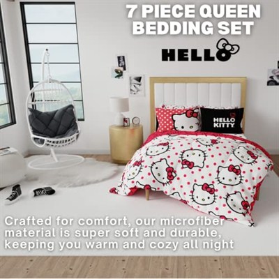 Franco Sanrio Hello Kitty Puantiyeli Yatak Takımı 7 Parça Süper Yumuşak Yorgan ve Çarşaf Seti, Şemsiye, Kraliçe, (%100 Resmi Lisanslı Ürün) Koleksiyon Ürünleri