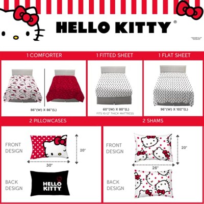 Franco Sanrio Hello Kitty Puantiyeli Yatak Takımı 7 Parça Süper Yumuşak Yorgan ve Çarşaf Seti, Şemsiye, Kraliçe, (%100 Resmi Lisanslı Ürün) Koleksiyon Ürünleri