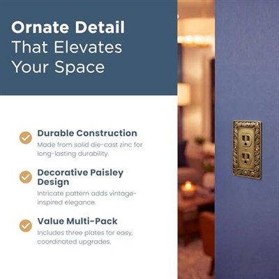 Franklin Brass Paisley Duvar Plakası, Eskitme Antik Pirinç Tek Dubleks Anahtar Kapağı, 3lü Paket, W10110V-ABT-R
