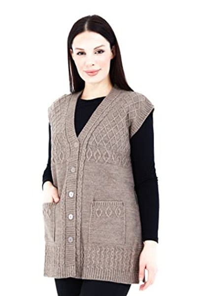 Fresh&Moda | Kadın V Yaka Düğmeli Cepli Örgü Yün Triko Anne Kısa Yelek