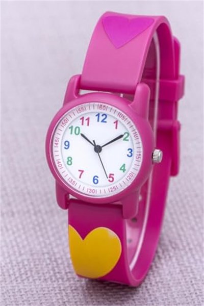 Fuşya Renk Kalpli Kız Çocuk Saati Silikon Kordon Analog Saat Hediyeli ST-304402