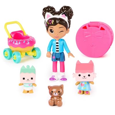 Gabbys Dollhouse, Kitty Care figür seti, 2 kedi figürü ve bebek arabası ile Gabby, 3 yaş ve üzeri