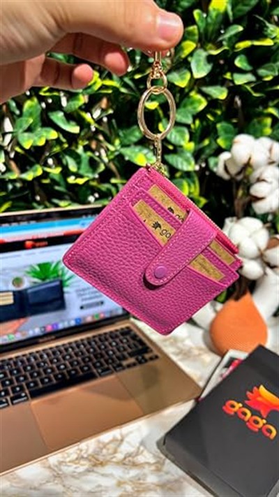 Gaga Deri - Hakiki Deri Erkek-Kadın Fermuarlı,Kancalı Anahtarlıklı Kartlık - Pembe,Şıklığı ve İşlevselliği Buluşturan 8 Adet Kart Kapasiteli Erkek-Kadın Deri Kartlık - 10,5 x 9 cm