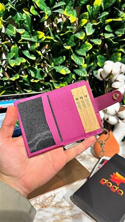 Gaga Deri - Hakiki Deri Erkek-Kadın Fermuarlı,Kancalı Anahtarlıklı Kartlık - Pembe,Şıklığı ve İşlevselliği Buluşturan 8 Adet Kart Kapasiteli Erkek-Kadın Deri Kartlık - 10,5 x 9 cm