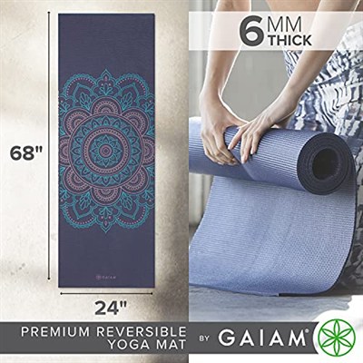 Gaiam Yoga Matı, Premium 6 mm Baskılı Ters Çevrilebilir, Kaymaz Egzersiz ve Fitness Matı, Tüm Yoga, Pilates ve Yer Egzersizleri için (172 cm x 61 cm x 6 mm Kalınlık)