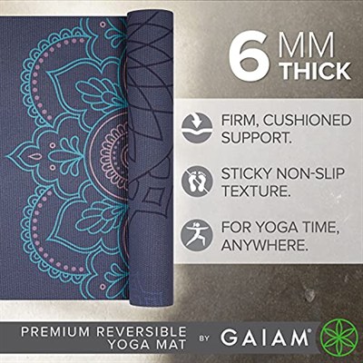 Gaiam Yoga Matı, Premium 6 mm Baskılı Ters Çevrilebilir, Kaymaz Egzersiz ve Fitness Matı, Tüm Yoga, Pilates ve Yer Egzersizleri için (172 cm x 61 cm x 6 mm Kalınlık)