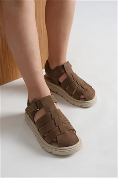 Galler Hakiki Deri Tek Cırtlı Unisex Çocuk Sandalet Kum Rengi