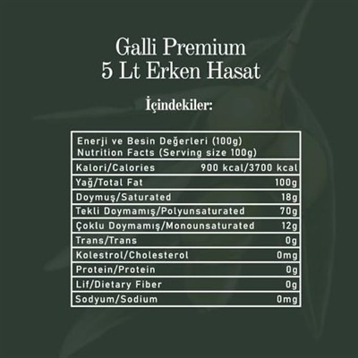 Galli Premium 5 Litre Teneke Soğuk Sıkım Zeytinyağı