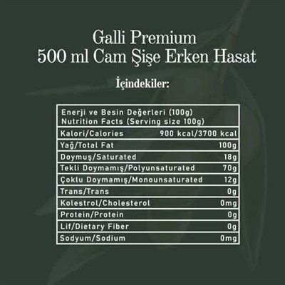 Galli Premium Soğuk Sıkım Natürel Sızma Zeytinyağı 500 Ml