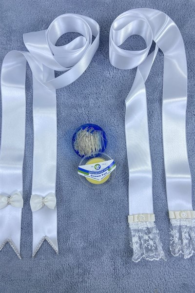 Gelin Damat Takı Merasimi İçin Dantelli İncili Takı Kurdelesi Takı Kemeri Ve İğne Seti