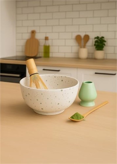 Genel Matcha Çay Seti, 4 Parça, Seramik Kase, Bambu Çırpıcı, Bambu Kaşık, Seramik Stand, Beyaz ve Yeşil