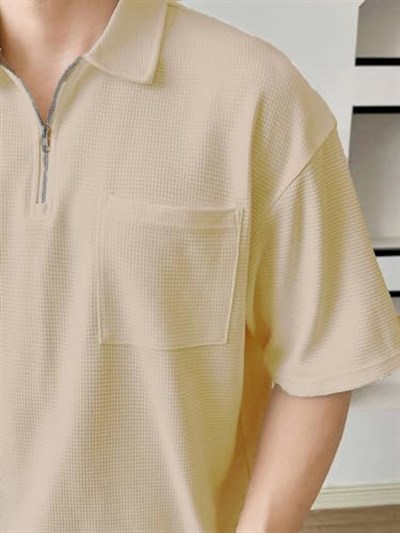 GENIUS STORE Erkek Oversize Polo Yaka Waffle T-Shirt FERMUARLI
