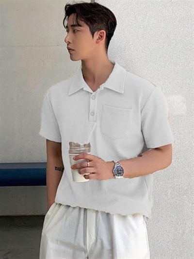 GENIUS STORE Erkek Oversize Polo Yaka Waffle T-Shirt