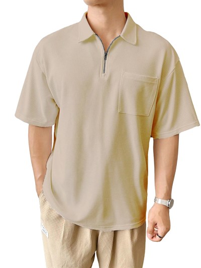GENIUS STORE Erkek Oversize Polo Yaka Waffle T-Shirt FERMUARLI
