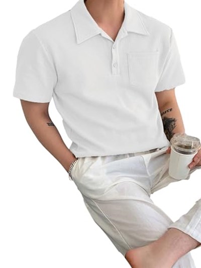 GENIUS STORE Erkek Oversize Polo Yaka Waffle T-Shirt