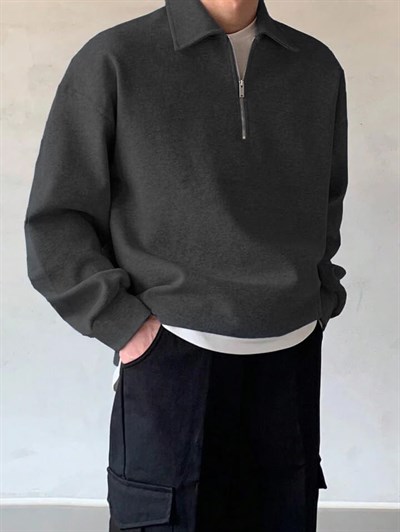 GENIUS STORE Erkek Polo Yaka Oversize Sweatshirt Yarım Fermuar Sweatshirt OVERSIZE-SWEATSHIRT
