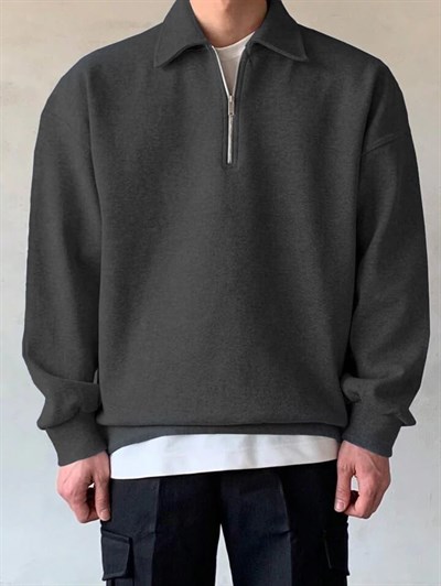 GENIUS STORE Erkek Polo Yaka Oversize Sweatshirt Yarım Fermuar Sweatshirt OVERSIZE-SWEATSHIRT