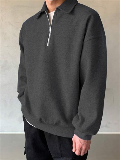 GENIUS STORE Erkek Polo Yaka Oversize Sweatshirt Yarım Fermuar Sweatshirt OVERSIZE-SWEATSHIRT