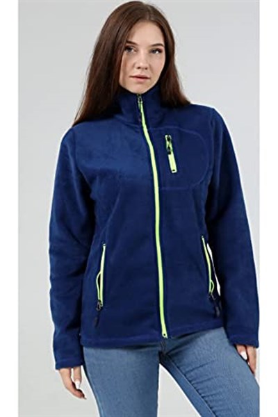 GENIUS STORE Kadın Polar Tam Fermuarlı Outdoor 3 Cepli Spor Polar Ceket (İNDİGO/S)
