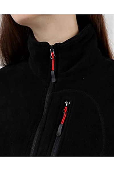 GENIUS STORE Kadın Polar Tam Fermuarlı Outdoor 3 Cepli Spor Polar Ceket (SİYAH/M) M