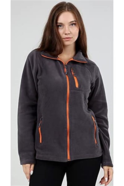 GENIUS STORE Kadın Polar Tam Fermuarlı Outdoor 3 Cepli Spor Polar Ceket (FÜME / L)