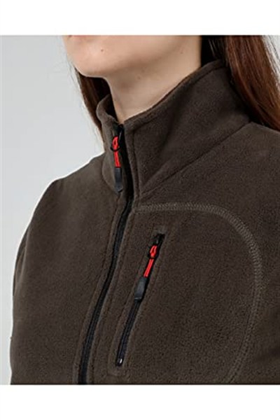 GENIUS STORE Kadın Polar Tam Fermuarlı Outdoor 3 Cepli Spor Polar Ceket (HAKİ/S)