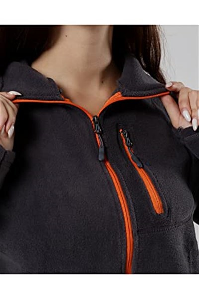 GENIUS STORE Kadın Polar Tam Fermuarlı Outdoor 3 Cepli Spor Polar Ceket (FÜME / S)