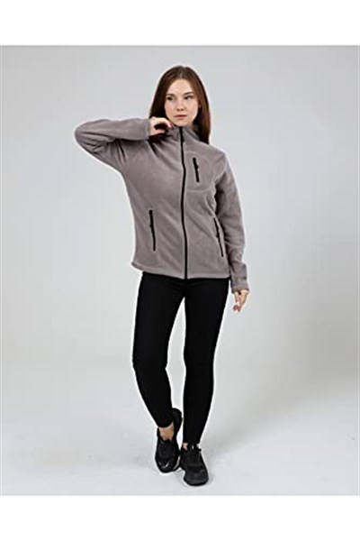 GENIUS STORE Kadın Polar Tam Fermuarlı Outdoor 3 Cepli Spor Polar Ceket (AÇIK GRİ/M)