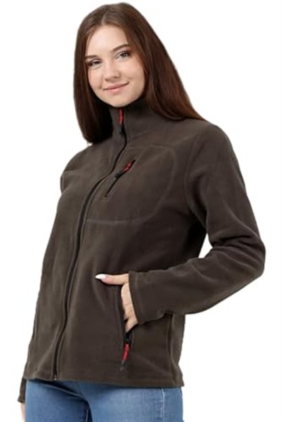 GENIUS STORE Kadın Polar Tam Fermuarlı Outdoor 3 Cepli Spor Polar Ceket (HAKİ/S)