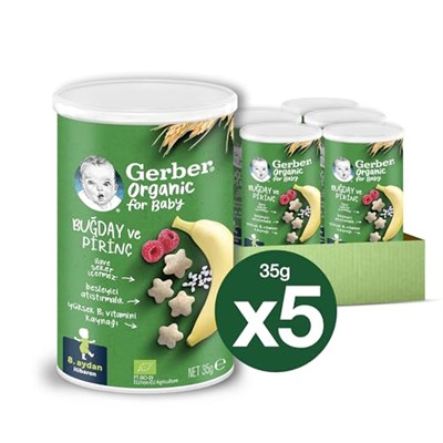 Gerber Organik Pirinçli, Buğdaylı, Muzlu ve Ahududulu Bebek Atıştırmalığı 35 g x 5
