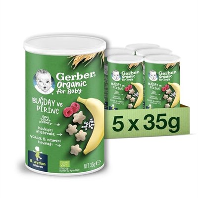 Gerber Organik Pirinçli, Buğdaylı, Muzlu ve Ahududulu Bebek Atıştırmalığı 35 g x 5