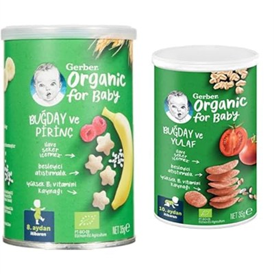 Gerber Organik Pirinçli, Buğdaylı, Muzlu ve Ahududulu Bebek Atıştırmalığı 35 g x 5 ve Gerber Organik Buğday ve Yulaflı Domates, Havuç ve Soğanlı Bebek Atıştırmalığı 35 g