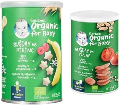 Gerber Organik Pirinçli, Buğdaylı, Muzlu ve Ahududulu Bebek Atıştırmalığı 35 g x 5 ve Gerber Organik Buğday ve Yulaflı Domates, Havuç ve Soğanlı Bebek Atıştırmalığı 35 g