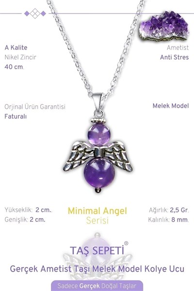 Gerçek Ametist Doğal Taşı Minimal Melek Model A Kalite Zincirli Kolye Ucu Mor