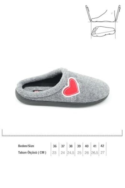 Gezer Kışlık Kadın Ev Bahçe Comfort Taban Nakışlı Kalp Desenli Keçe Terlik GT1KZM.12062.06, Gri, 42