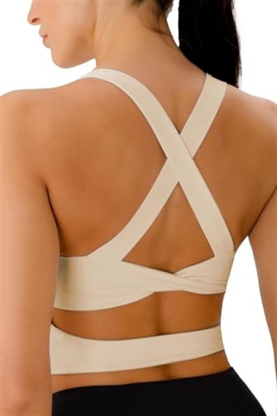 Ghassy Co. Kadın Çarpraz Sırt Detaylı Kaplı Yoga Egzersiz Fitness Spor Sütyeni CRS001 BEJ XS