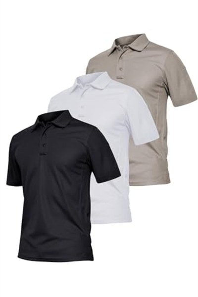 Ghassy Co. Erkek 3lü Set Taktik Polo Yaka Gömlek Hızlı Kuruma Nem Emici Pique Jersey Golf T-shir Siyah-Beyaz-Gri M