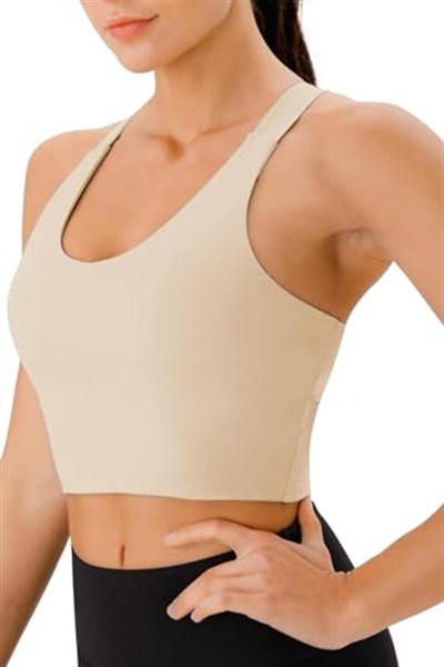 Ghassy Co. Kadın Çarpraz Sırt Detaylı Kaplı Yoga Egzersiz Fitness Spor Sütyeni CRS001 BEJ S