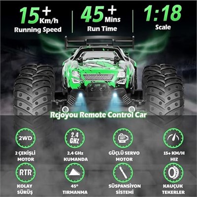 Giffy/Oyuncak 2.4 Ghz Uzaktan Kumandalı Şarjlı LED Işıklı Drift Atan 15 Km Hız Yapan Off Road Araba 45 Dk Sürüş Süresi 1200 Mah Batarya (Yeşil)