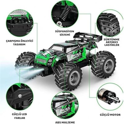 Giffy/Oyuncak 2.4 Ghz Uzaktan Kumandalı Şarjlı LED Işıklı Drift Atan 15 Km Hız Yapan Off Road Araba 45 Dk Sürüş Süresi 1200 Mah Batarya (Yeşil)